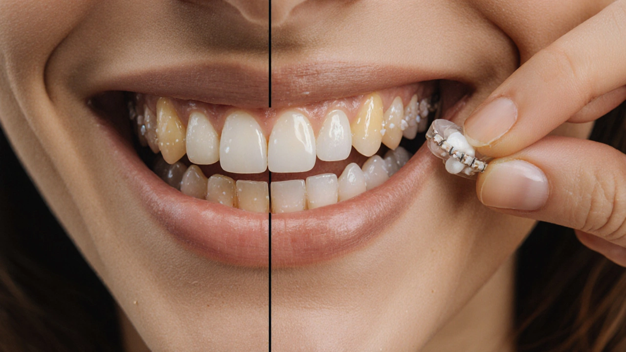 Dvě části úsměvu: jedna rovnoměrně bílá, druhá s bílými skvrnami po rovnátkách.