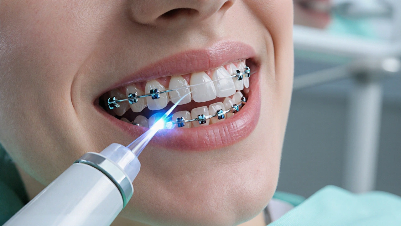 Vodní čistička odstraňuje zbytky jídla mezi zuby s rovnátky.