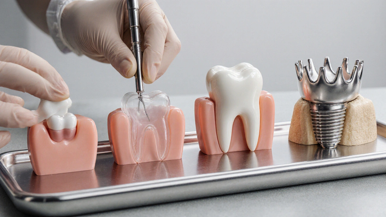 Čtyři možnosti opravy zubu: kompozit, zářízka, keramická korunka a implantát.