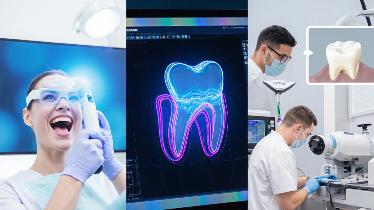 Ilustrace procesu od skenování zubu po výrobu a instalaci fazety.