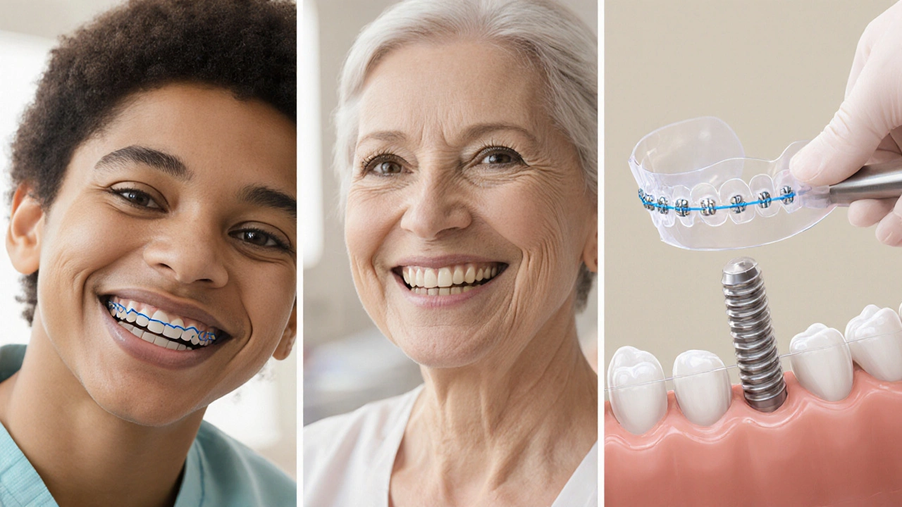 Ilustrace třech ošetření: kovová rovnátka, průhledné Invisalign a keramická korunka s implantátem.