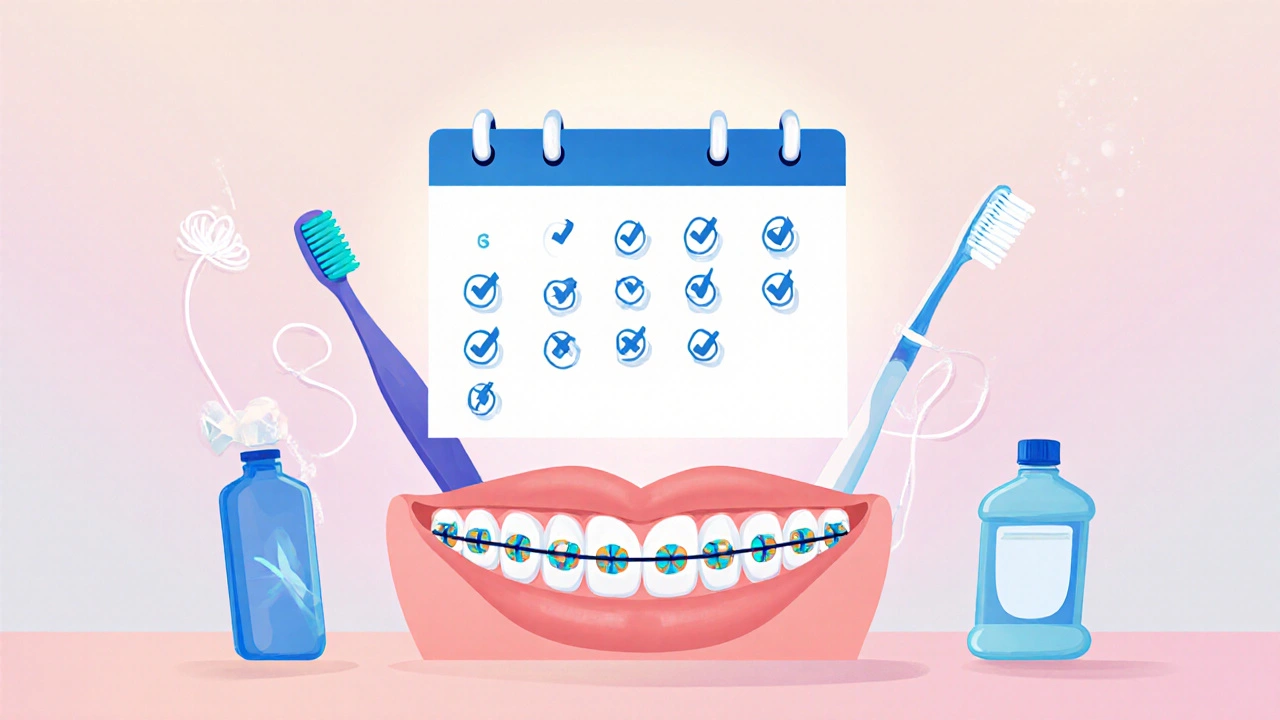 Kalendář s kontrolními návštěvami každých šest měsíců a symboly denní hygieny.