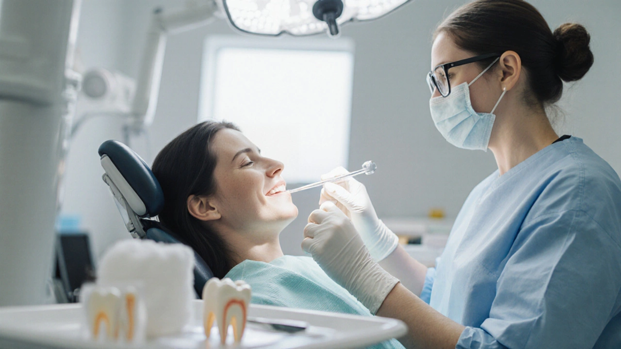 Klinické scéna v zubní ordinaci s dentistou provádějícím kořenovou kanálku.