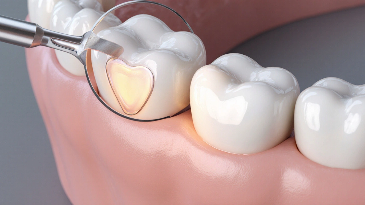 Kompozitní inlay dokonale sedí v zubu bez mezer, přirozeně se slévá s emailem.