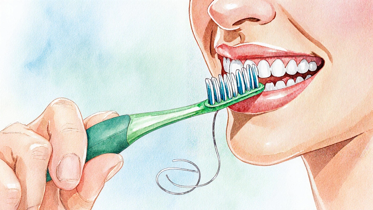 Osoba kartáčující zuby kruhovým pohybem a používající dentální nit.