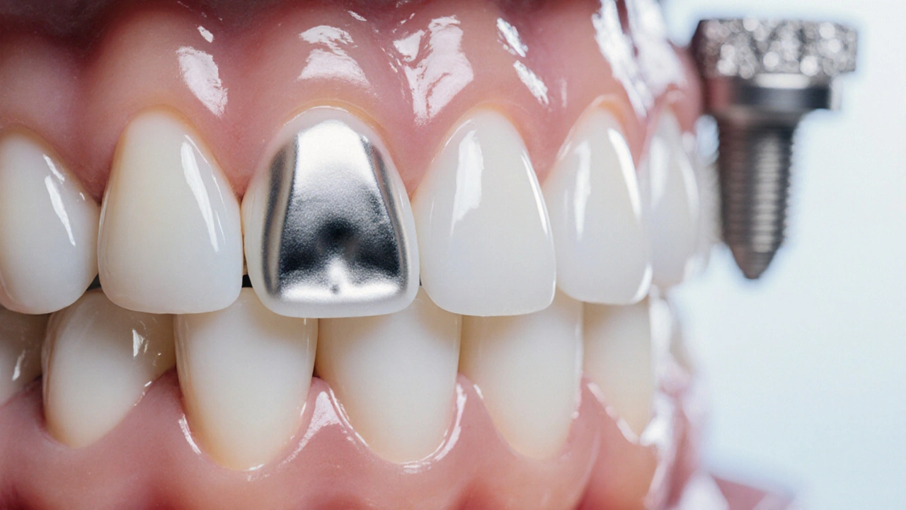 Pět různých zubních náhrad – výplň, inlay, onlay, korunka a implantát – na chirurgickém podnose.