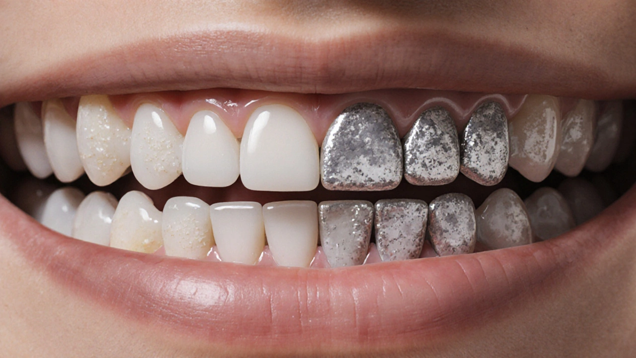 Porovnání hladké keramické a drsné kovové rovnátka pod zvětšením.