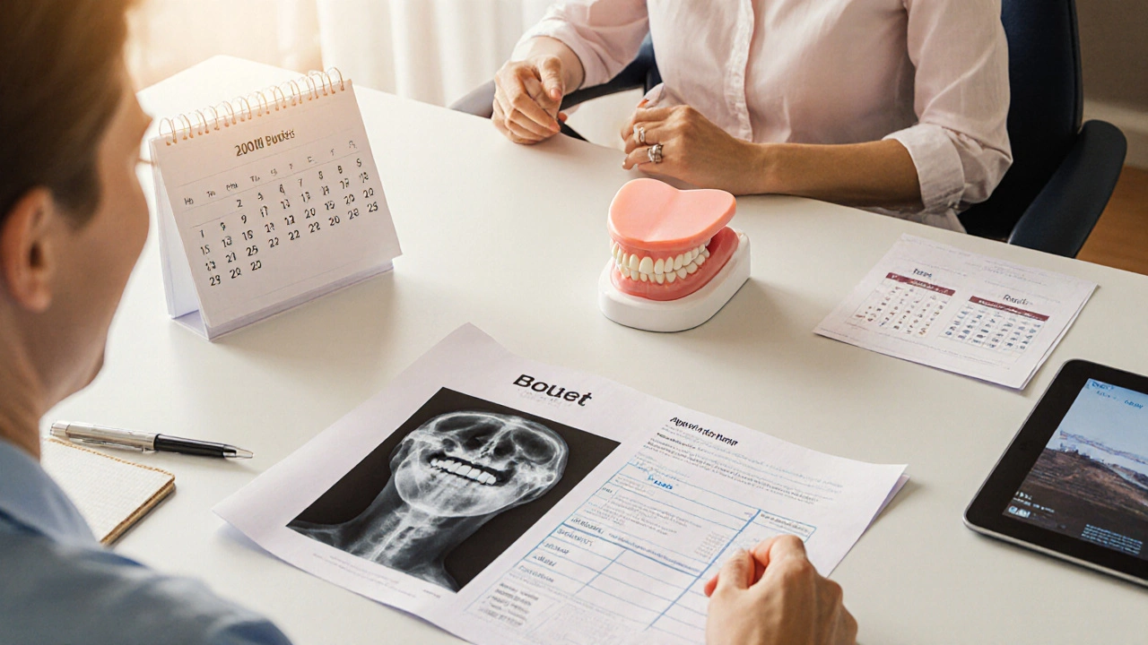 Stůl s rozpočtem, rentgenem a modely zubů, vedle usměvavého pacienta po opravě.