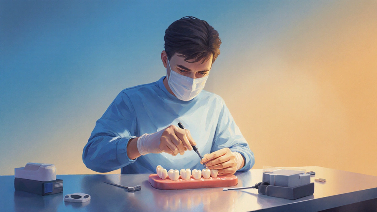 Technik v laboratoři leští a upravuje celokeramickou fazetu na pracovní ploše.