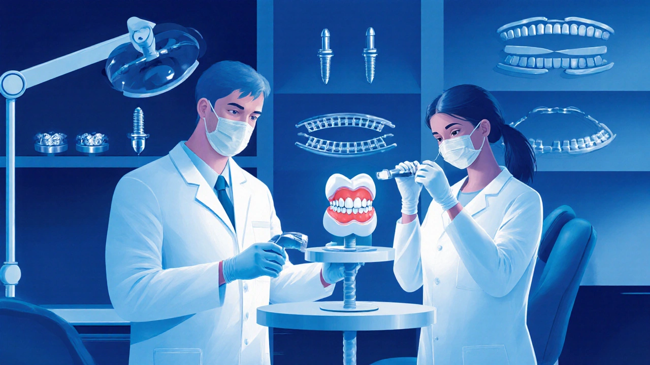 Technik v zubní laboratoři skenuje otisk a leští keramickou korunku mezi implantáty.