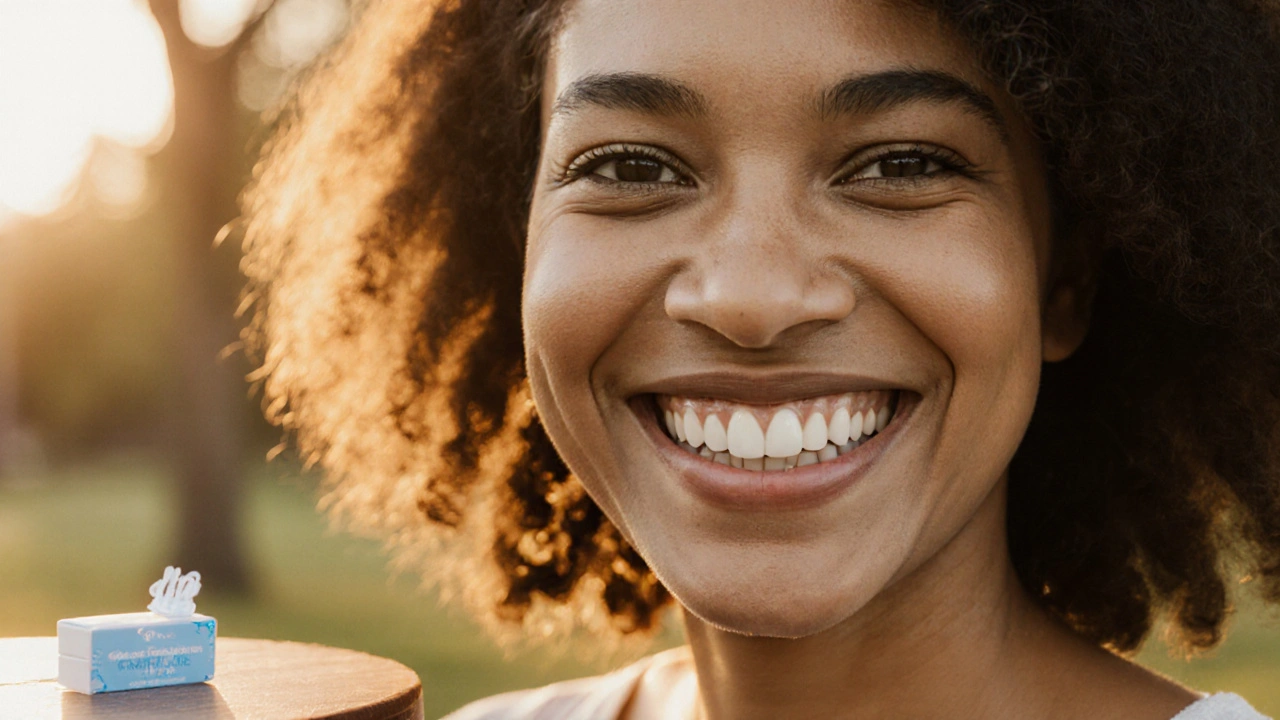 Usmívající se dospělý s dokonalým úsměvem po nasazení fazet, v odpoledním slunci.