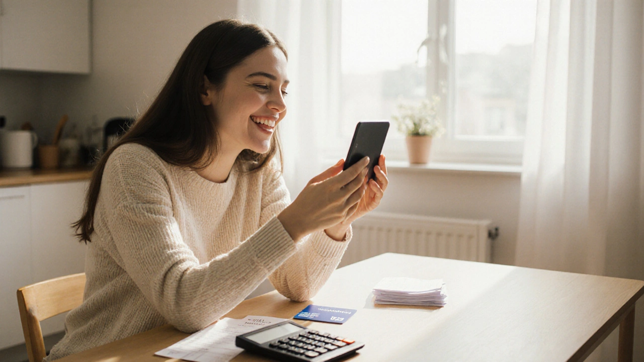 Žena se usmívá před zrcadlem, na stole leží kalkulačka, účty a pojištění.