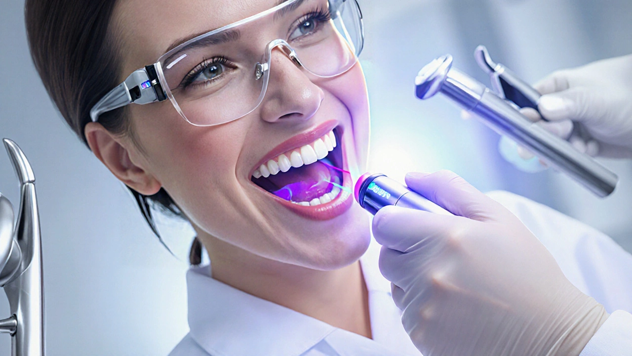 Zubař aplikuje laser na zuby pokryté bělícím gelem v klinickém prostředí.
