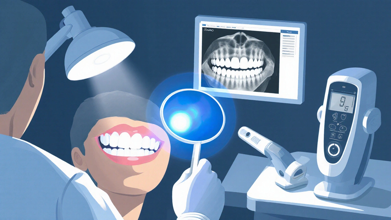 Zubař používá laser, rentgen a DIAGNOdent k vyšetření skloviny.