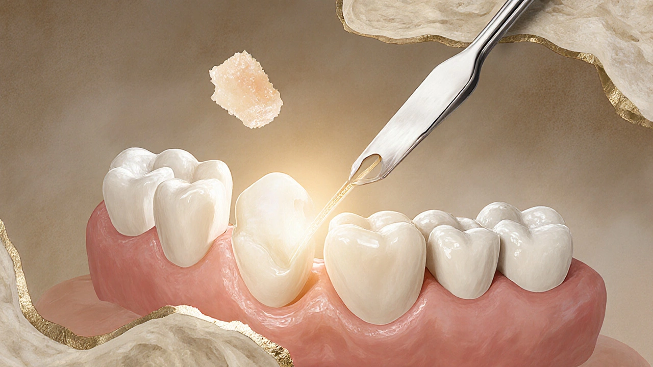 Abstraktní vize mezer mezi zuby a léčebných možností jako chirurgie a placky.