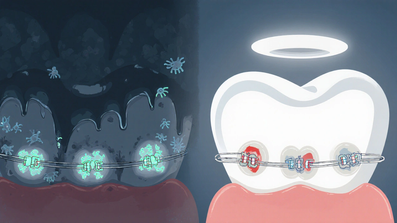 Bakterie se hromadí kolem kroužků a drátů rovnátek, zatímco čistá sklovina zůstává osvětlená.