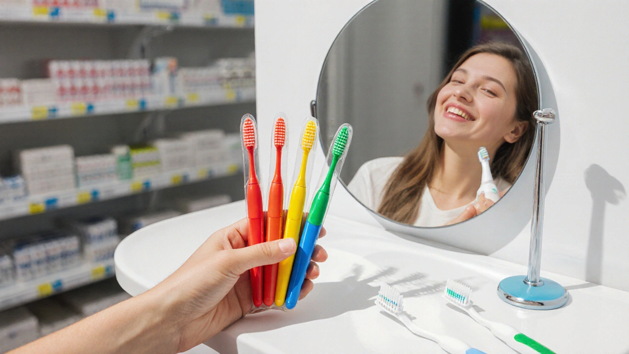 Barvou kódované mezizubní kartáčky na keramické podložce s odrazem zdravého úsměvu.