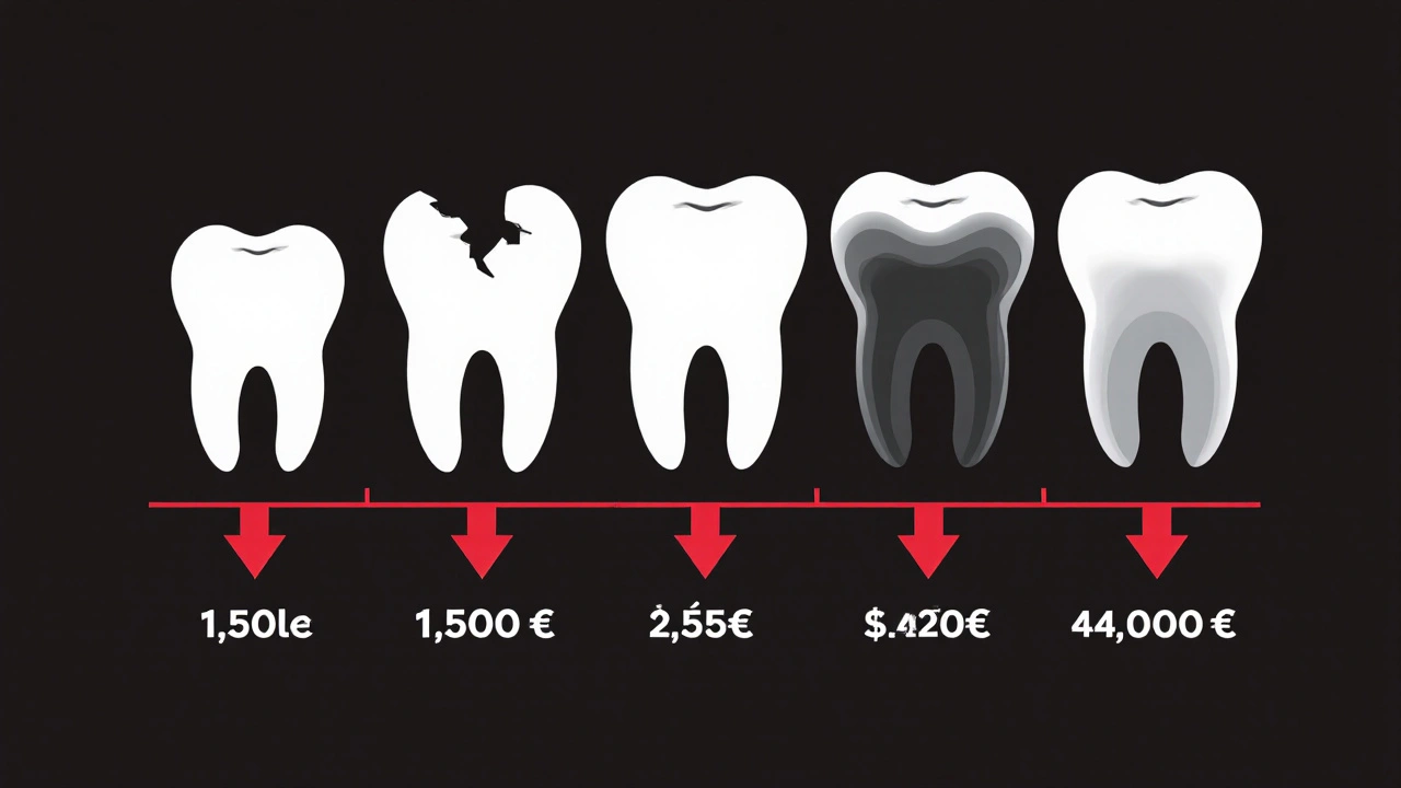 Časová osa ukazuje, jak se poškození zubu zhoršuje a rostou náklady.