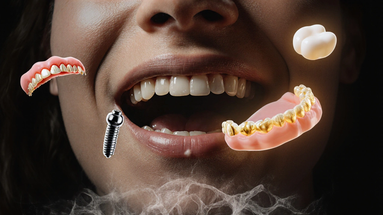 Chybějící přední zub s možnými náhradami a atrofií kosti.