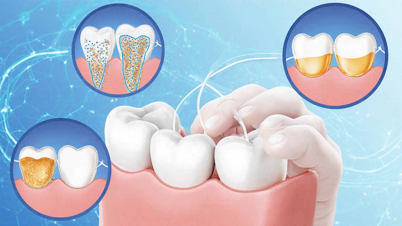 Čistění mezizubních prostorů nití s mikroscopickým znázorněním obnovy sklovinky.