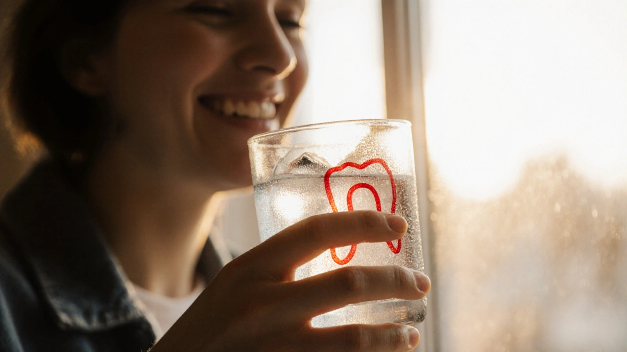 Člověk pije chladný nápoj bez bolesti, symbolizující úlevu od citlivosti zubů.