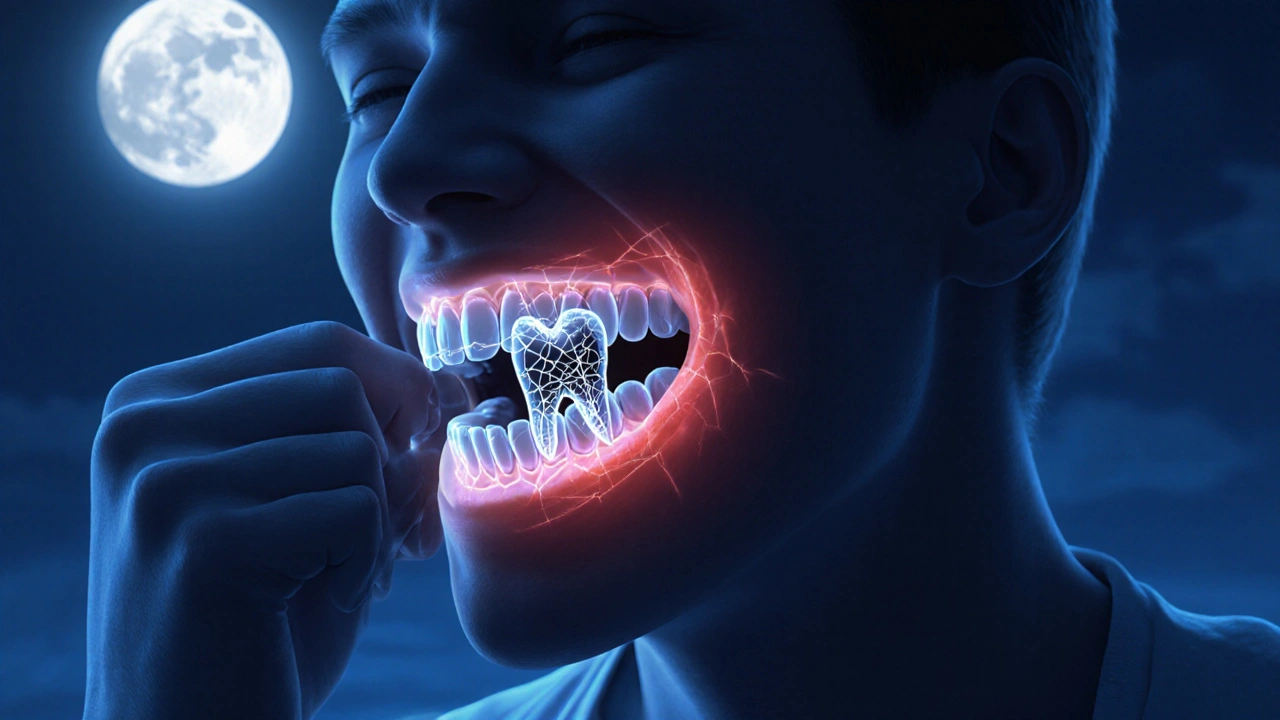 Člověk tře zuby v noci, vnitřní trhliny se rozšiřují v zubu.
