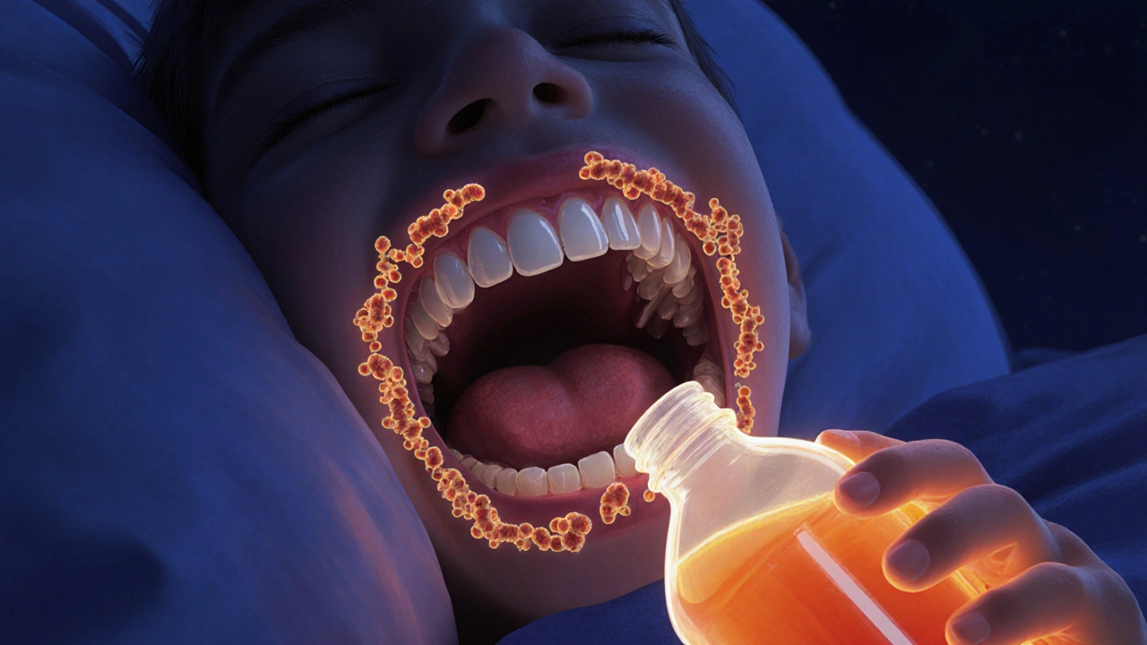 Dítě spí s lahvičkou sladkého nápoje, bakterie se hromadí na zubech.