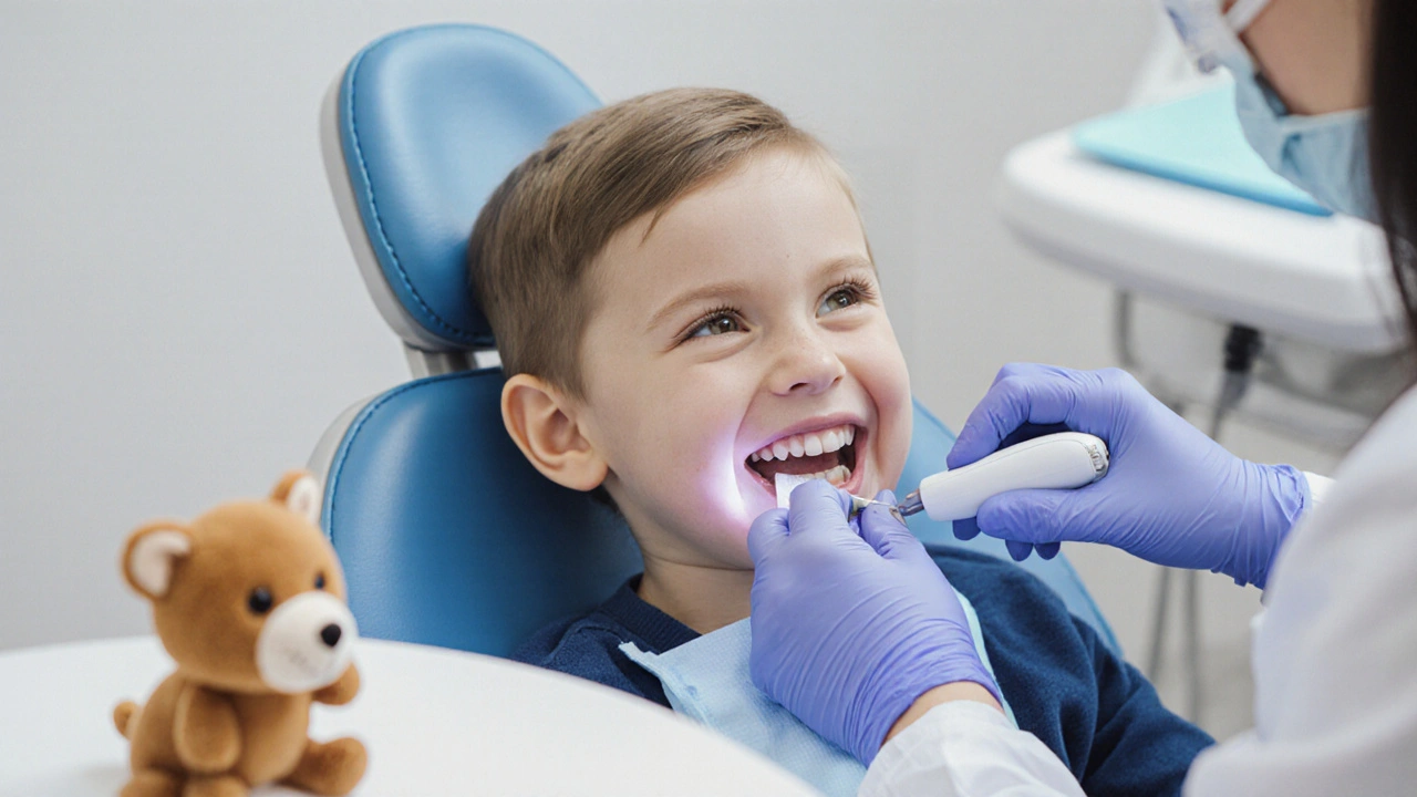 Dítě v zubní klinice, kde dentista odstraňuje zubní kámen ultrazvukem, dítě se usmívá a je klidné.