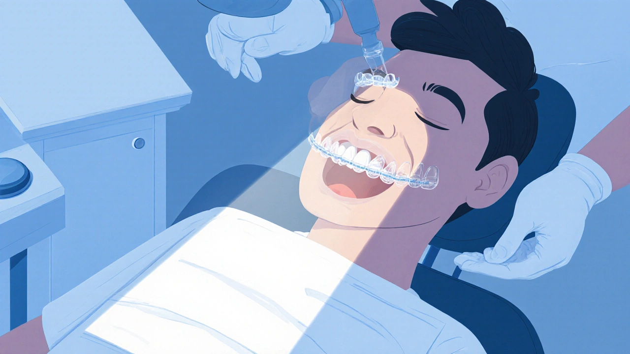 Dospělý s průhlednými ortodontickými čepicemi, kde se zuby pomalu přibližují.