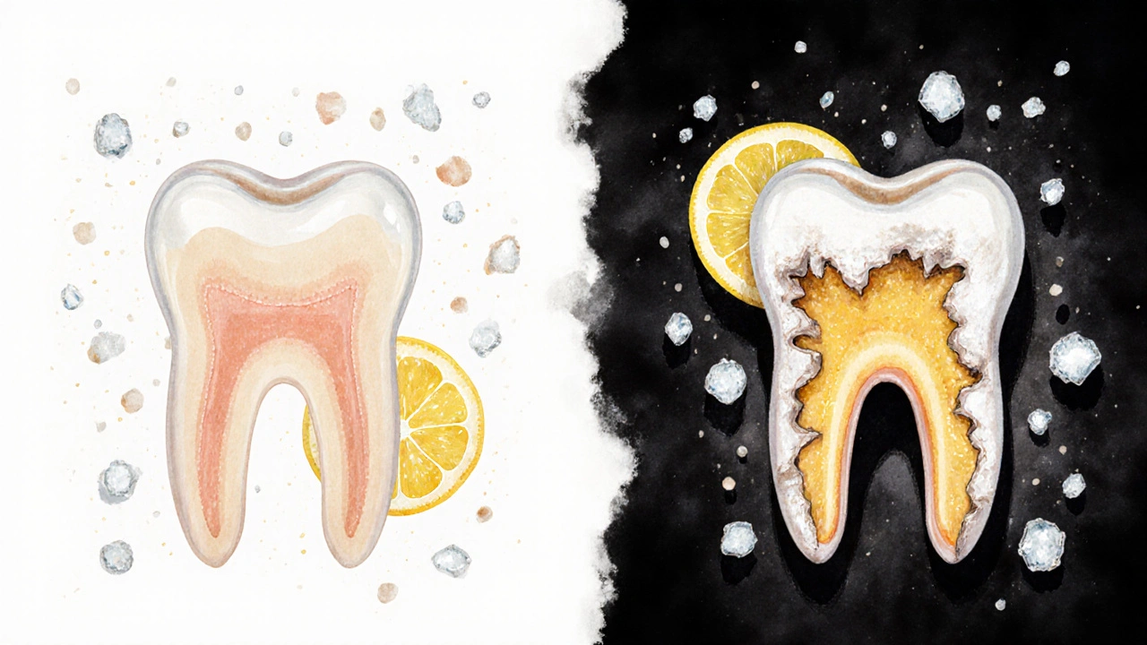 Dva zuby: jeden zdravý, druhý s poškozenou sklovinkou a žlutou dentinou, okolo citrony a sůl.