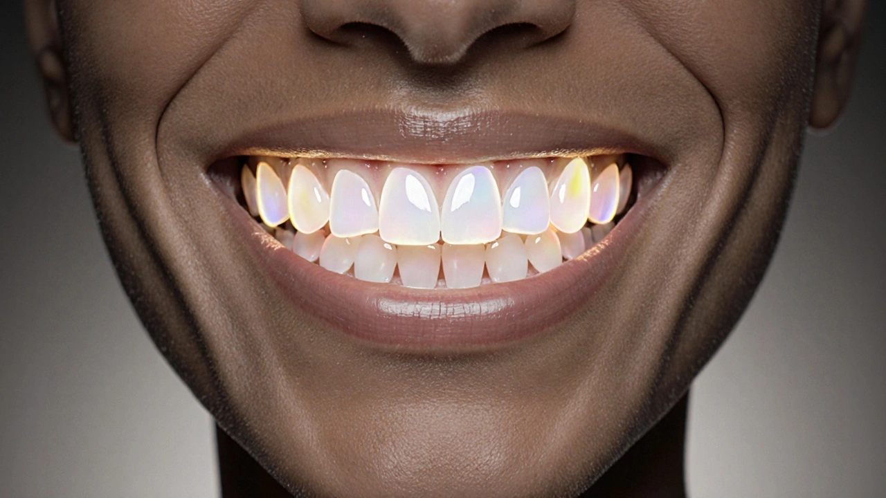 Glowing ceramic veneers floating above front teeth, symbolizing aesthetic restoration.