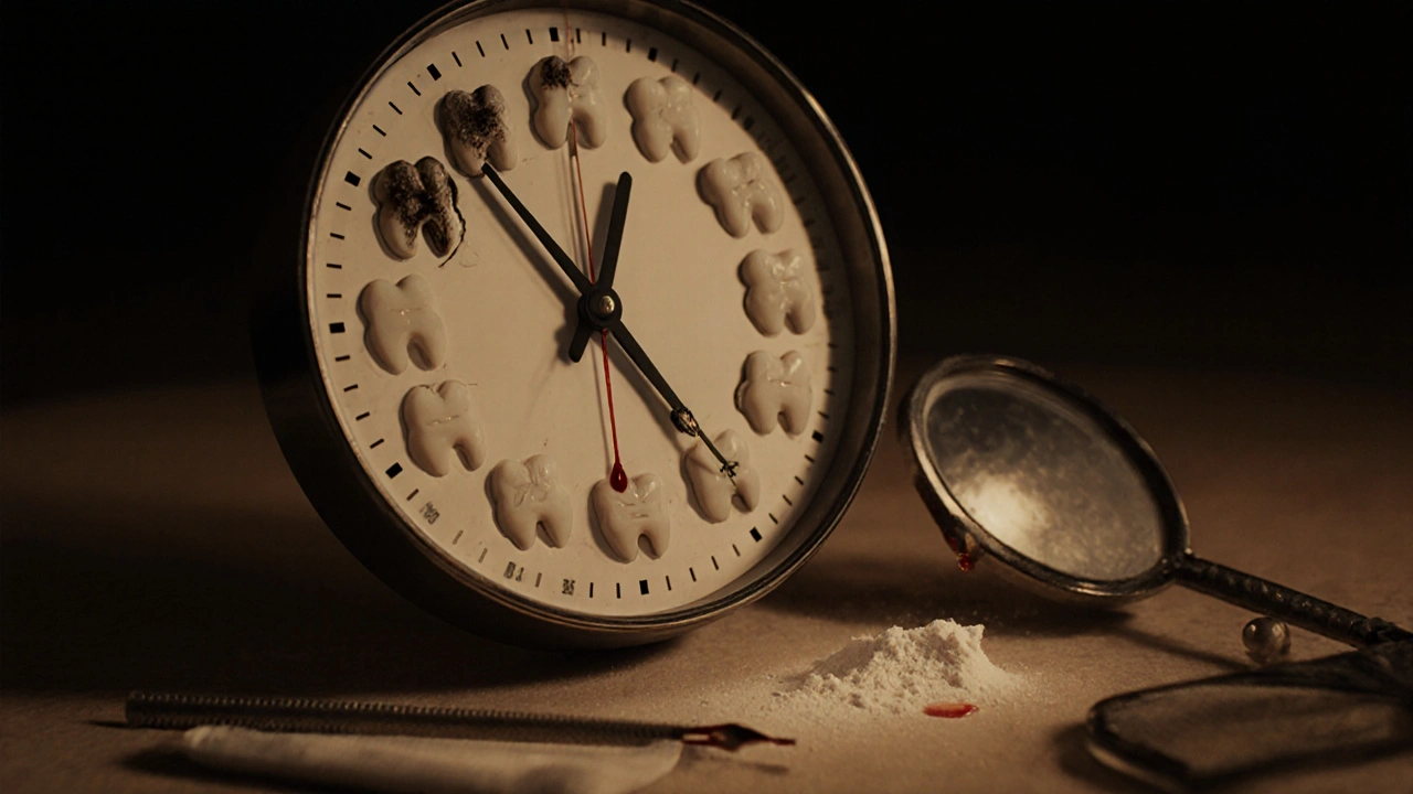 Hodiny s zuby jako číslicemi, jeden zub poškozený, symbolizující čas na léčbu.