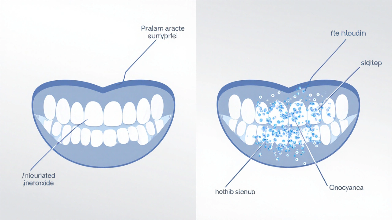 Ilustrace dvou mechanismů bělení zubů: mechanické odstraňování skvrn a chemický rozklad pigmentů.