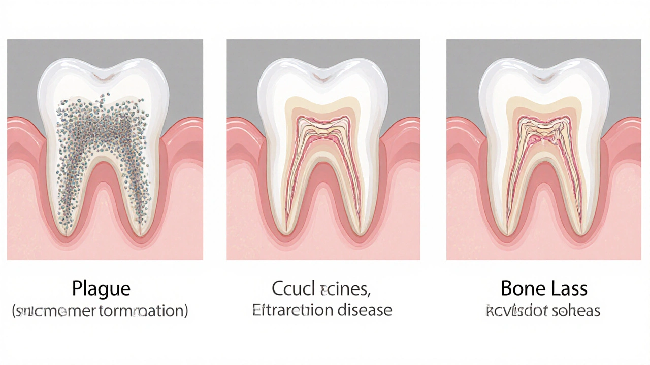 Ilustrace postupného poškozování kosti kolem zubu kvůli kameni