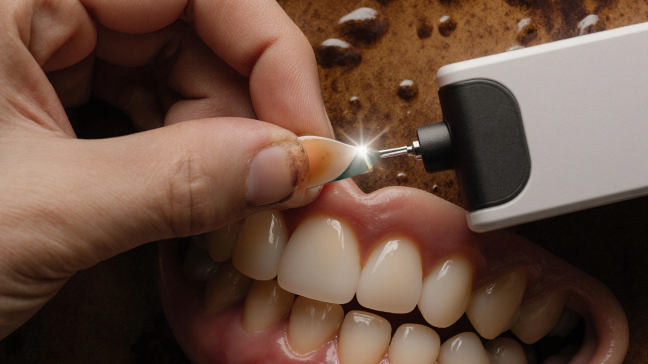 Kompozitní fazeta vedle kávových skvrn a přístroje pro přesné měření barvy zubu.