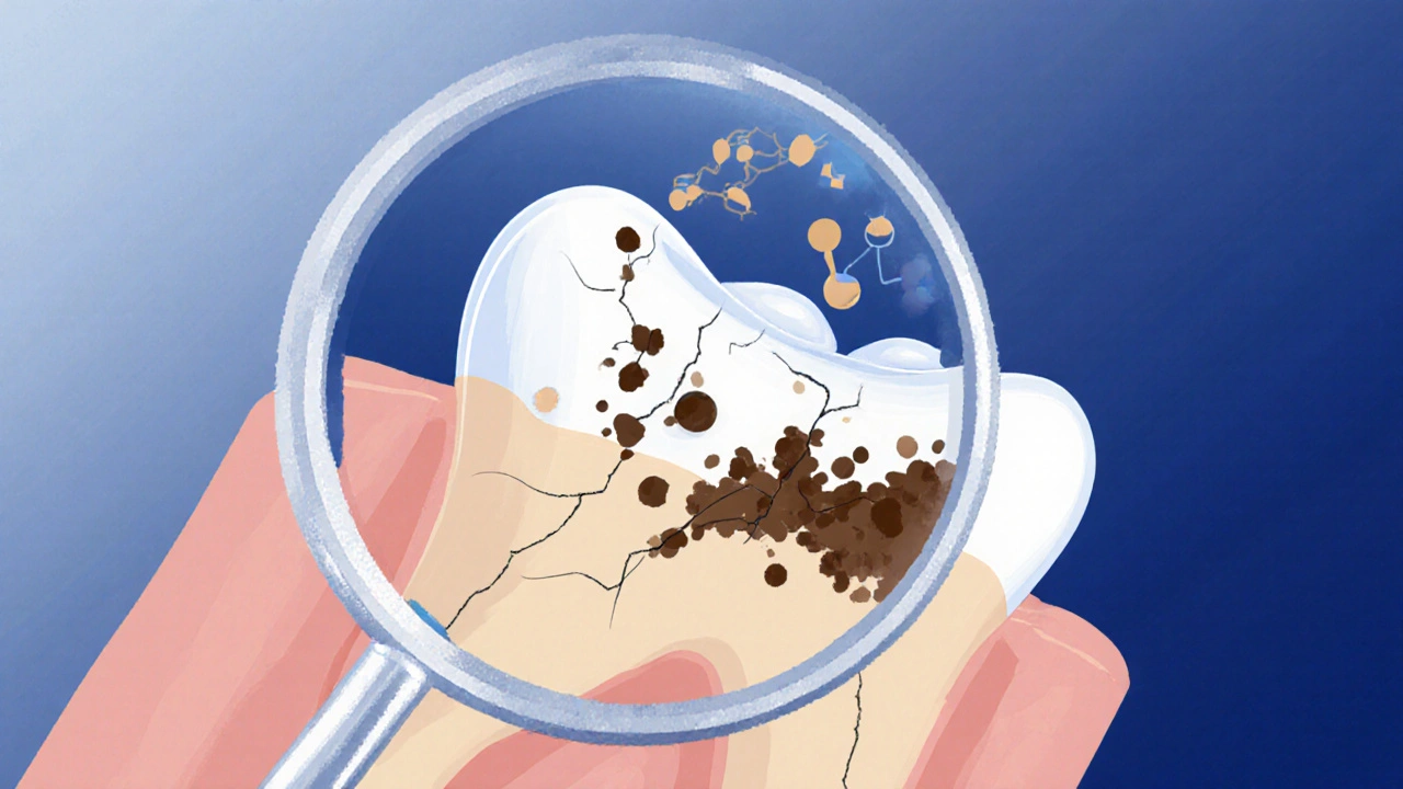 Magnified view of tooth enamel with pigment breakdown by peroxide.