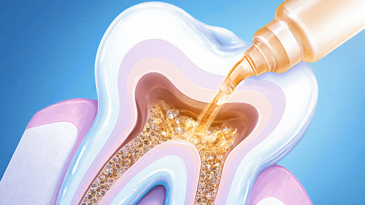 Mikroskopický pohled na zubní drahy, které jsou uzavřeny fluoridovým gelem.