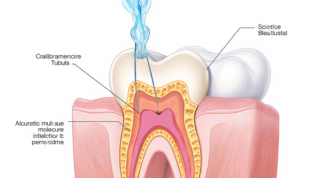 Mikroskopický řez zubem s otevřenými kanálky vedoucími k nervu.