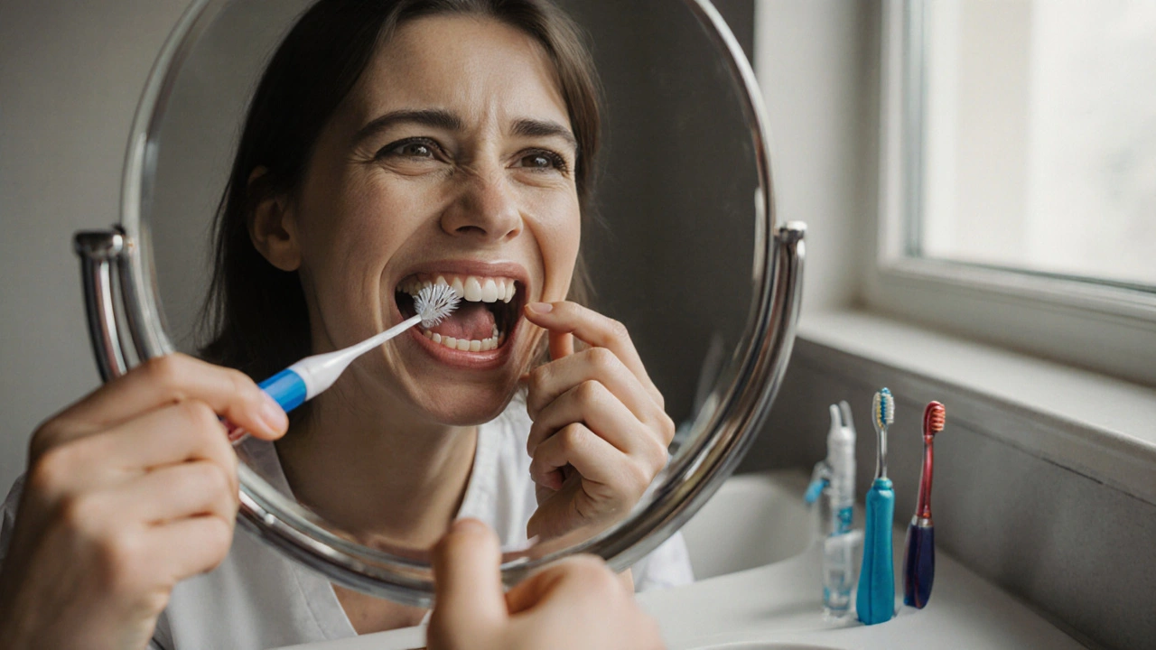 Muž se dívá do zrcadla a dotýká se volných zubů, viditelně zpěněné dásně.