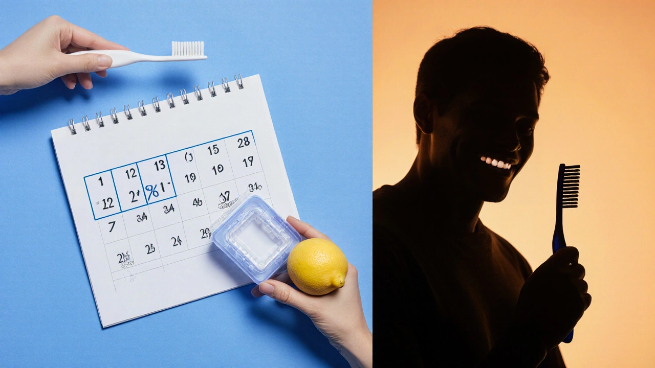 Osoba s vybělovacím kitem, za ní stín s citronem a tvrdým kartáčkem, předním zubařským nástrojem.