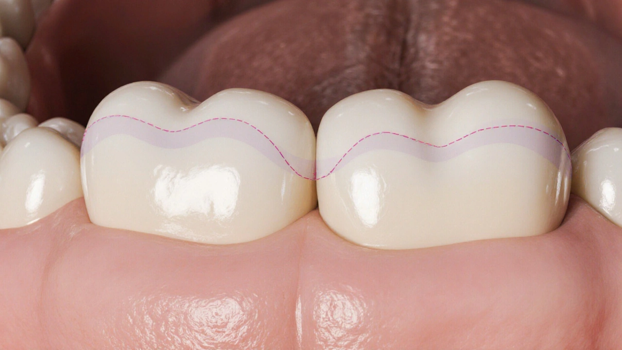 Porovnání tenké fazety a plné zubní korunky na sousedních zubech
