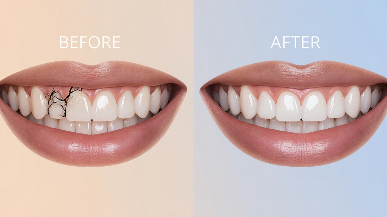 Před a po porovnání zubu s kompozitní fazetou – estetická transformace úsměvu.