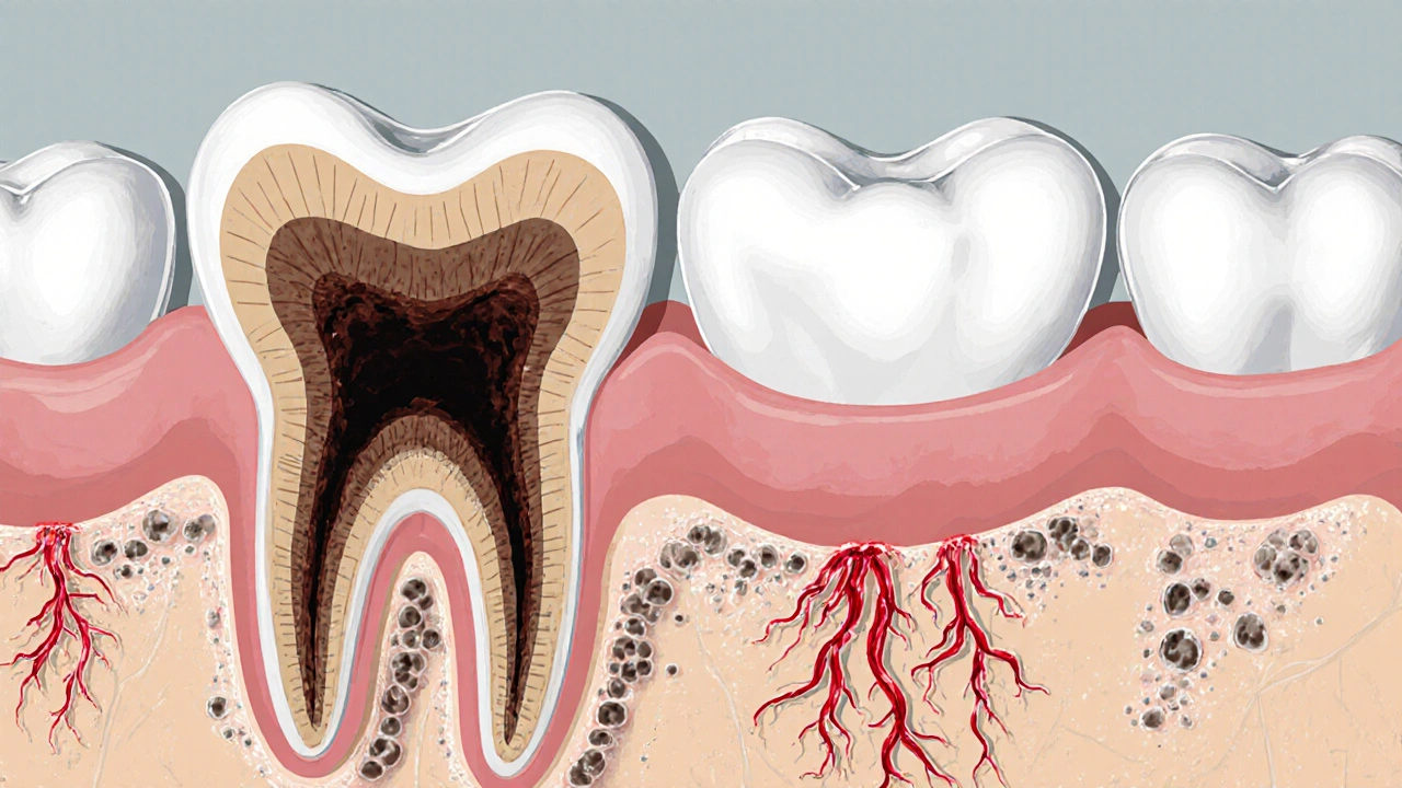 Příčina tmavého zubu: mrtvý nerv a zubní kámen pod dásní v řezu.