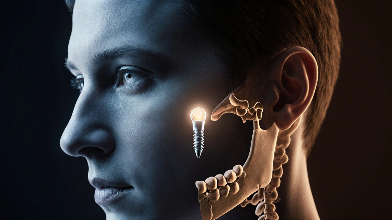 Profil tváře s jednou stranou zdravé čelisti a druhou stranou zhroutenou kostí.