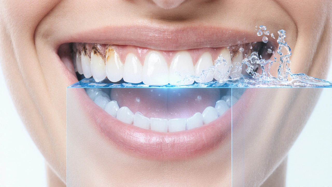 Průhledný náhled na zub s povrchovými skvrnami a zdravou vnitřní strukturou.