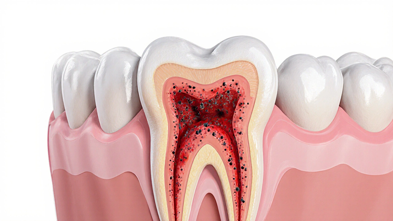 Průřez předního zubu s infikovaným nervem a bakteriemi uvnitř kanálu.