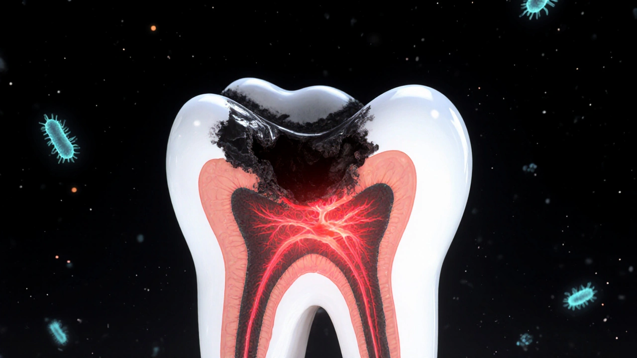 Průřez předního zubu s postupujícím kazem a zářícím nervem uvnitř.