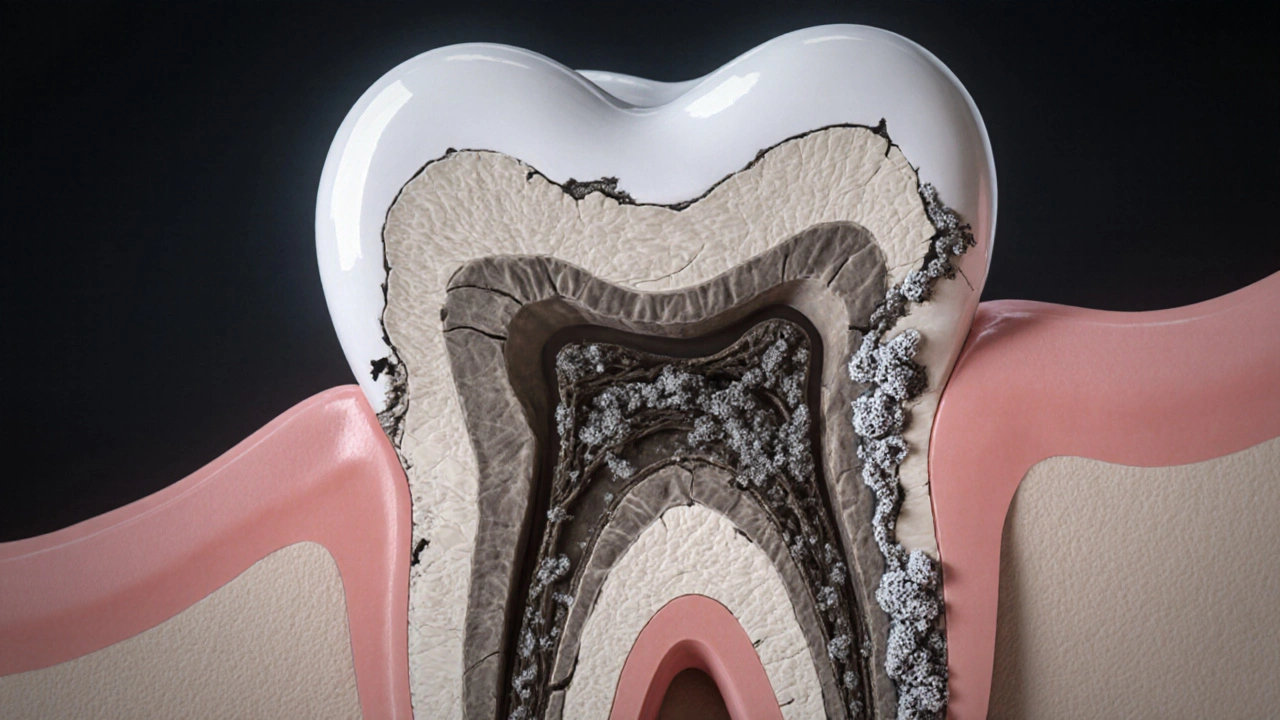 Průřez zubu s hlubokou zubní kapsou a ničenou kostí pod dásní.
