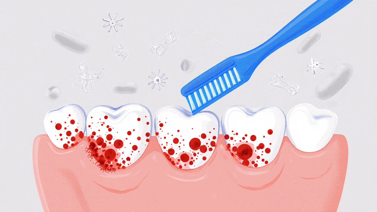 Průřez zubů s plakem a mezizubním kartáčkem odstraňujícím bakterie.