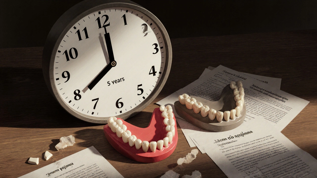 Rozbité hodiny s zubními ručičkami ukazují pět let, vedle nich stará a nová zubní protéza s dokumenty.